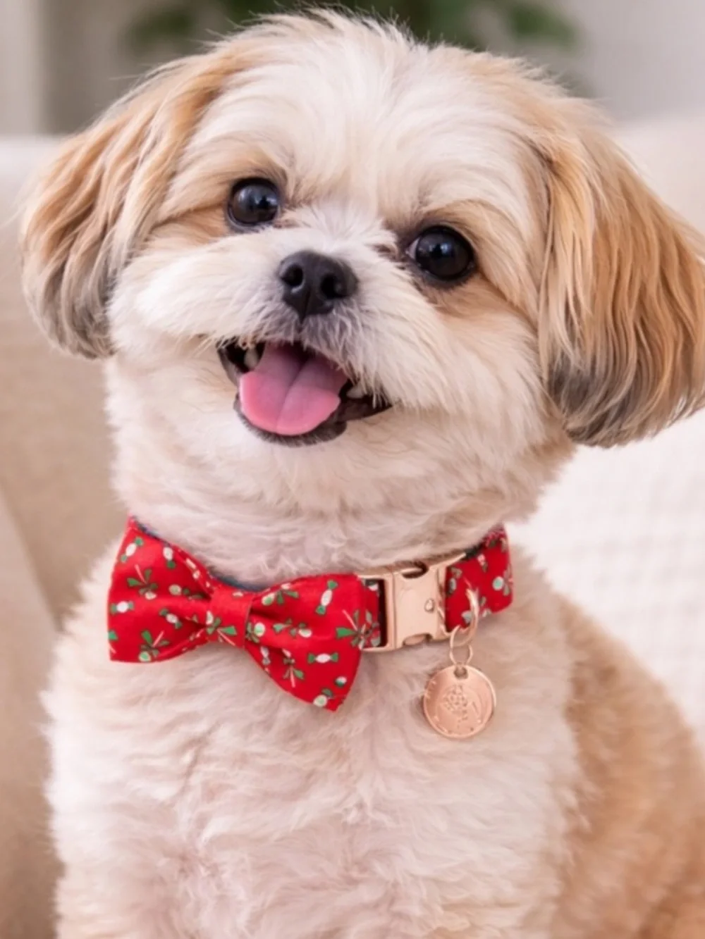 Dog Collar Bow Tie Set S/M Red Candy Print Rose Gold Dog Accessory NWT